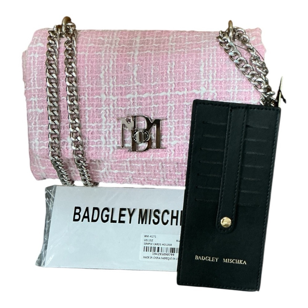Badgley Mischka - NWT - Pink Tweed Shoulder Bag with Chain Straps & Card Holder